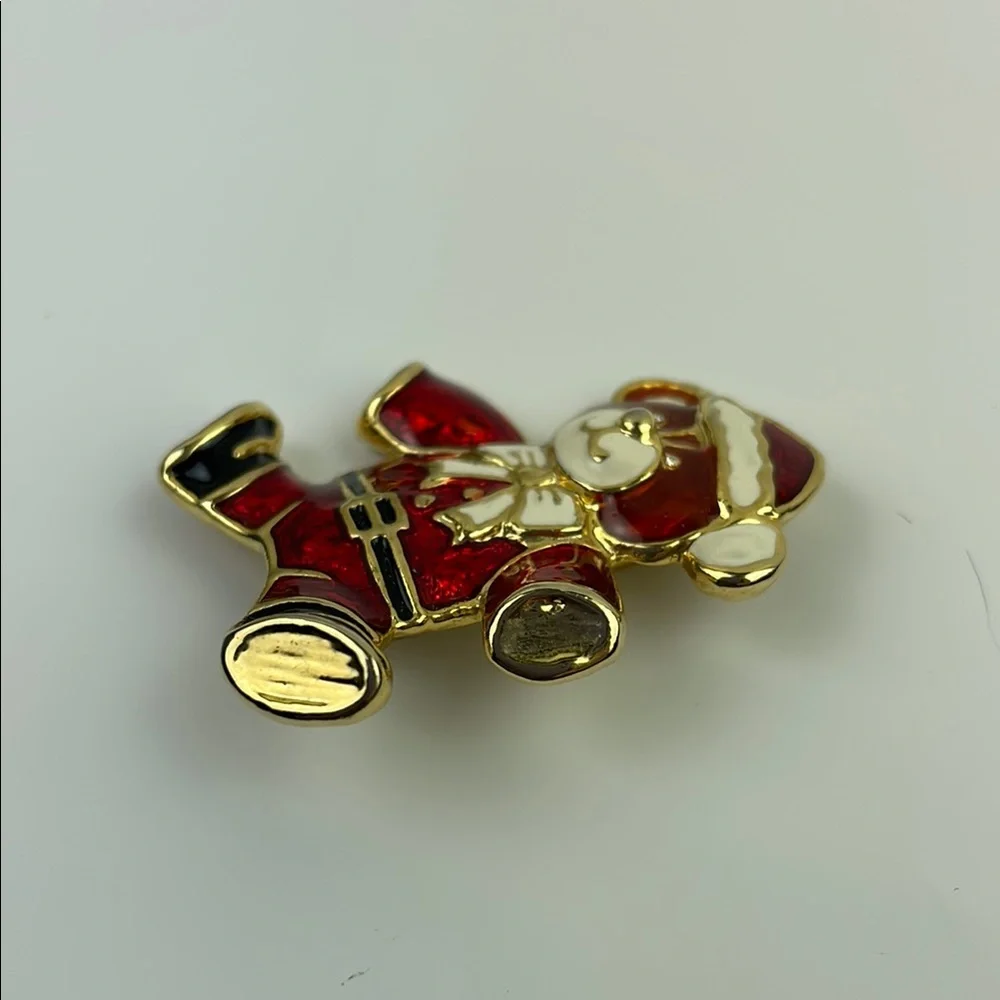 Vintage Christmas Teddy Bear Brooch Red Gold Enamel